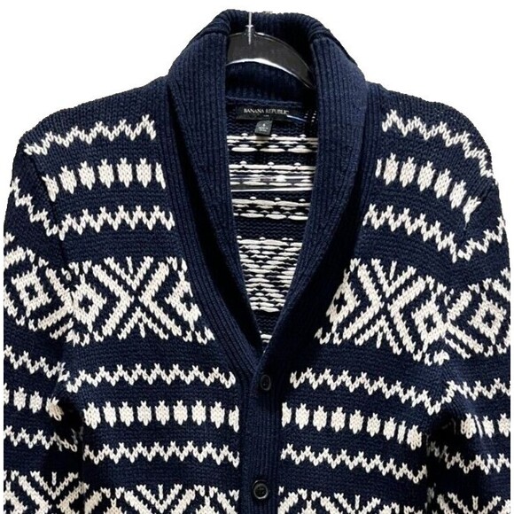 Banana Republic sz S Fair Isle Sweater Navy White Cardigan Shawl Collar Pockets - Picture 4 of 9